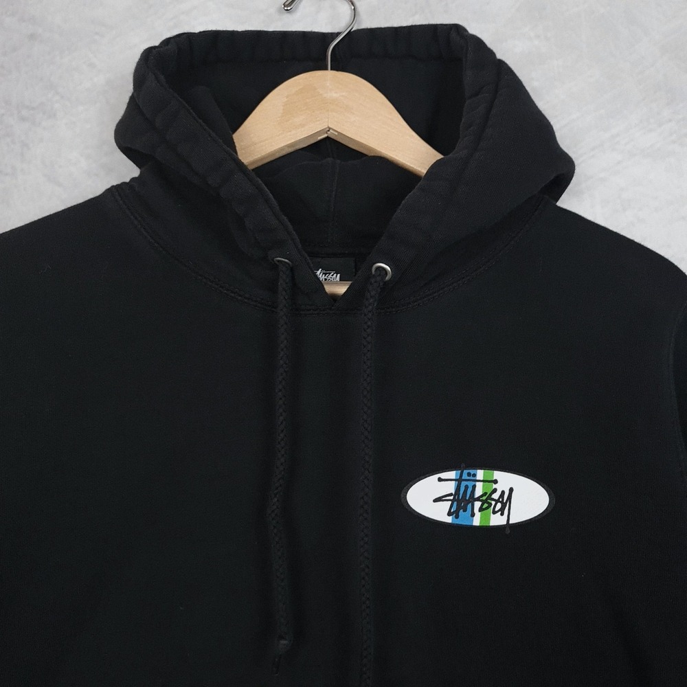 Stussy Hoodie Mens Large Black Oval Logo Fleece Pullover Graphic Back Hit - Picture 3 of 16